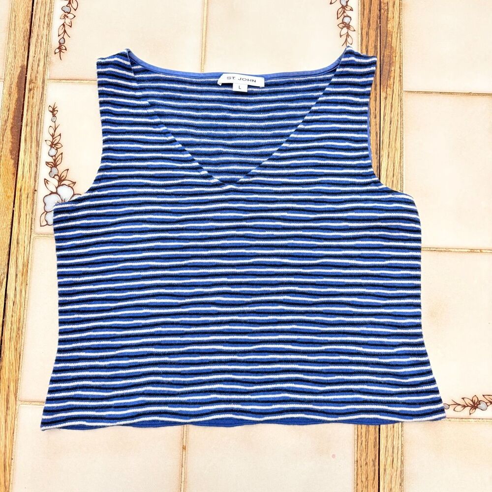 St. John Striped Knit Cropped Tank Top Blue White V-Neck Sleeveless Shell WM L
